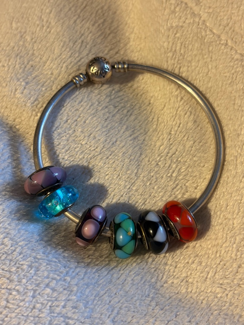 Pandora 8” bangle bracelet with 6 authentic Pandora charms